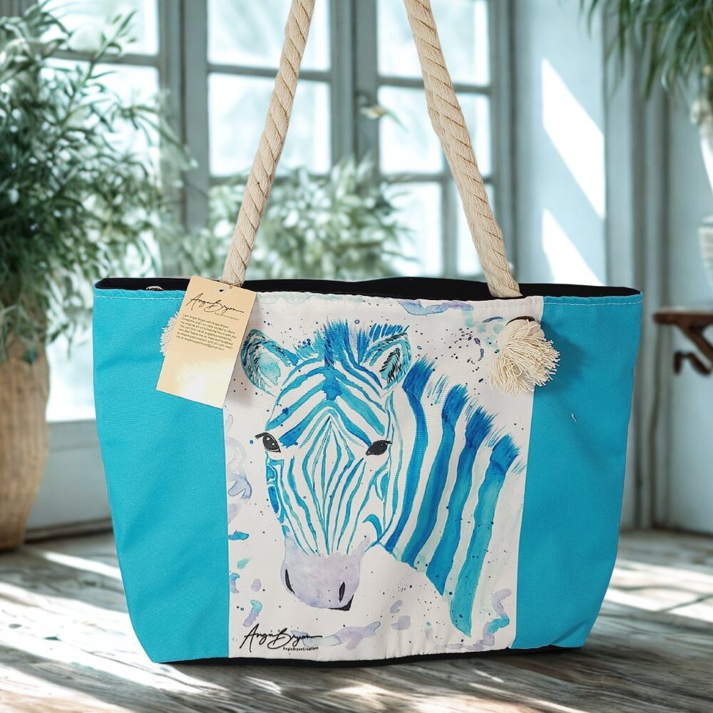 Blue Zebra Art Tote Bag by Angie Bryan Creations